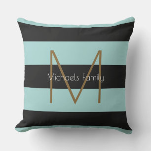 Coussin famille personnalisée noire et bleue rayée et élég