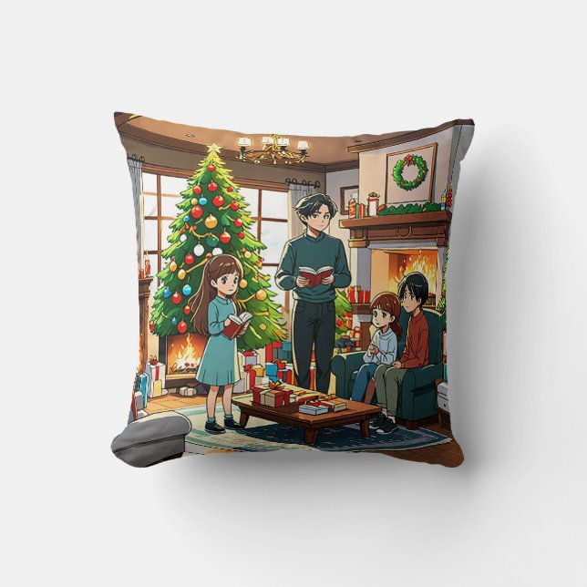 Coussin Family around the fireplace at Christmas - Pillow (Recto)