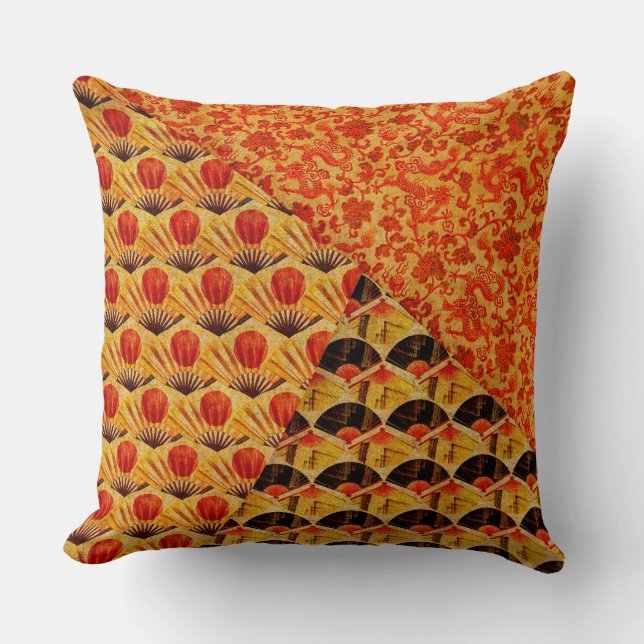 Coussin Fans japonaises et motif de dragons grand (Recto)