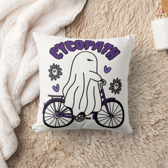 Coussin Fantôme d'Halloween Cycopath sur un vélo violet (Couverture)