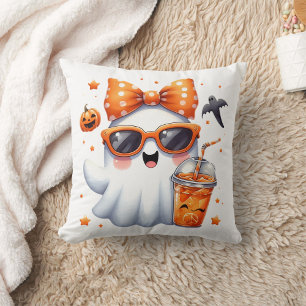 Coussin fantôme mignon portant lunettes de soleil orange e