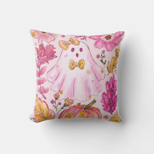 Coussin Fantôme pastel rose d'Halloween avec des fleurs et