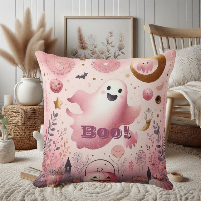 Coussin Fantôme rose Boo citrouille d'Halloween amicale (Pink Boo Friendly Ghost Halloween Jack o lantern Throw Pillow)