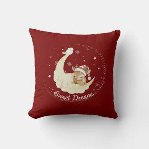 Coussin Faon fantaisiste de Noël dormant sur une lune douc