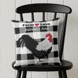Coussin Farm Love Custom Rooster Black White Check