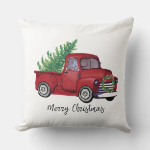 Coussin Farmhouse Christmas watercolor red truck