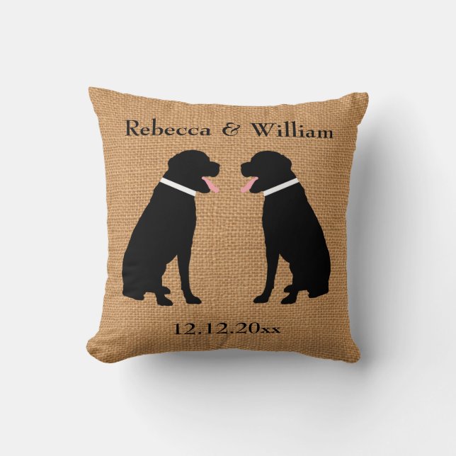 Coussin Faux Burlap 2 Black Labradors Mariage personnalisé (Recto)