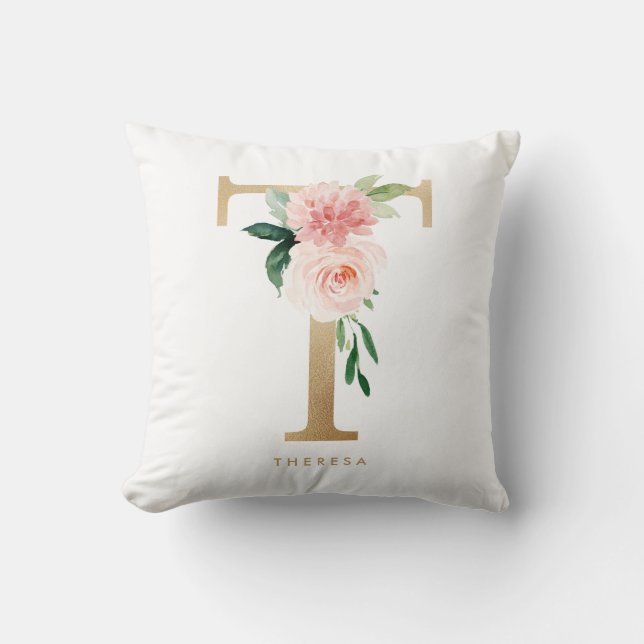 Coussin Faux Gold Foil Floral Lettre T Monogram Nursery (Recto)