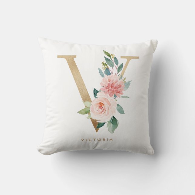 Coussin Faux Gold Foil Floral Lettre V Monogram Nursery (Recto)