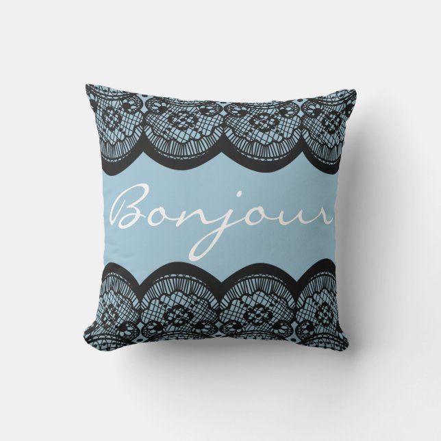 Coussin Faux Lace Noir Français Bonjour (Recto)