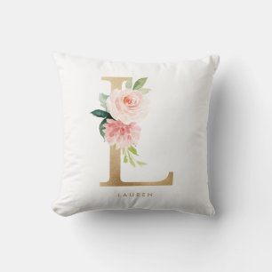 Coussin Faux monogramme de lettre florale en feuille d'or