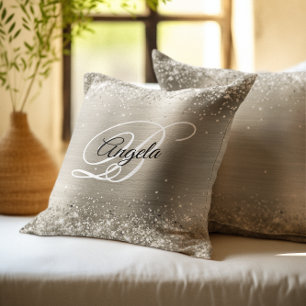 Coussin Faux Monogramme Métal Brossé Paillettes Platine Br