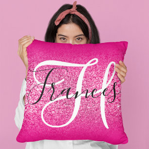 Coussin Faux Pailleté Rose Chaud Ombré Monogrammé