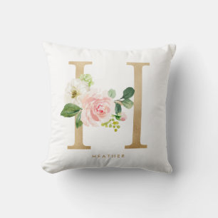Coussin Faux papier d'or floral lettre H monogramme
