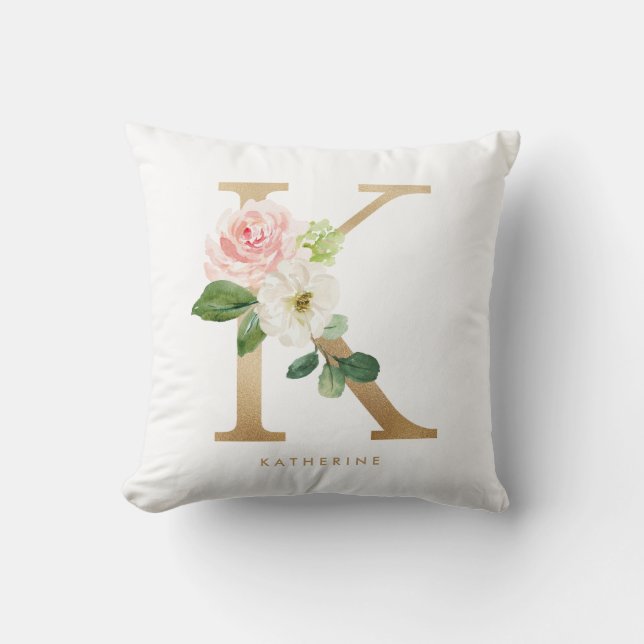 Coussin Faux papier d'or floral lettre K monogramme (Recto)