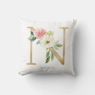 Coussin Faux papier d'or floral lettre N monogramme