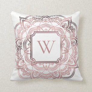 Coussin Faux Rose Gold Foil Mandala avec Monogramme blanc