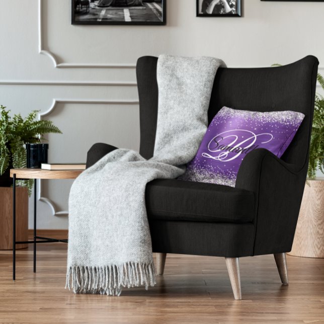 Coussin Faux Shiny Silver Parties scintillant Amethyst Foi (Silver Glitter Purple Faux Foil Monogram Throw Pillow)