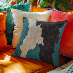 Coussin Faux Vache en cuir turquoise tachetée fourrure cac