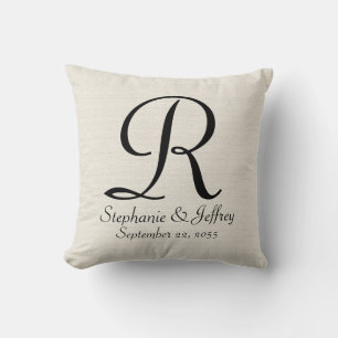 Coussin Faux White Burlap Monogramme Noms 16" Carré