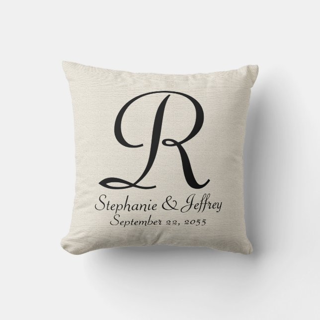 Coussin Faux White Burlap Monogramme Noms 16" Carré (Recto)