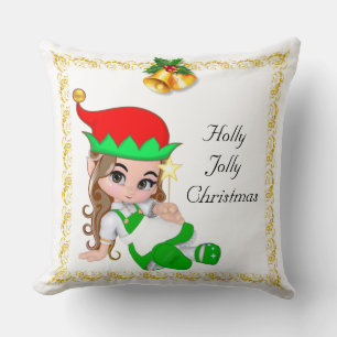 Coussin Fée de Noël habillée de vert et de cloches dorées