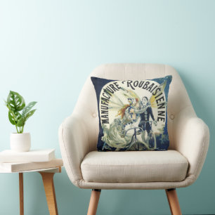 Coussin Fées Art Nouveau vintage, Lune à Vélo Pierrot