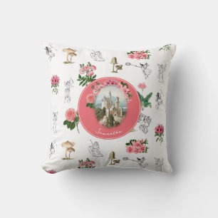 Coussin Fées Rose Floral Champignons Fée Château Monogramm