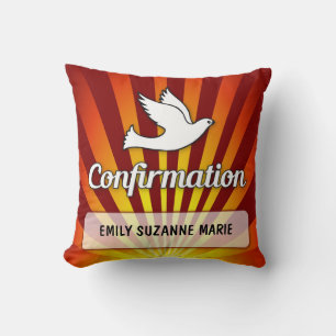 Coussin Félicitations Confirmation Colombe avec Or, Rouge