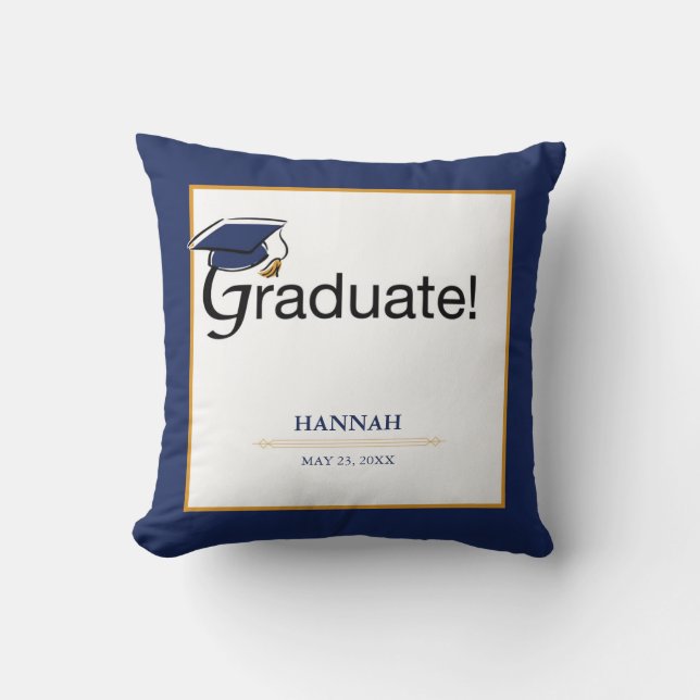 Coussin Félicitations Diplômé, Casquette, Tassel, Bleu, Or (Recto)