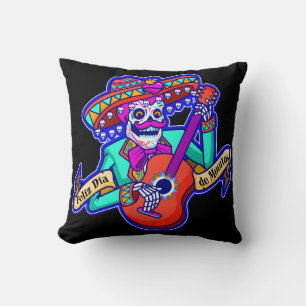 Coussin Feliz Dia De Muertos avec Squelette Jouer de la gu