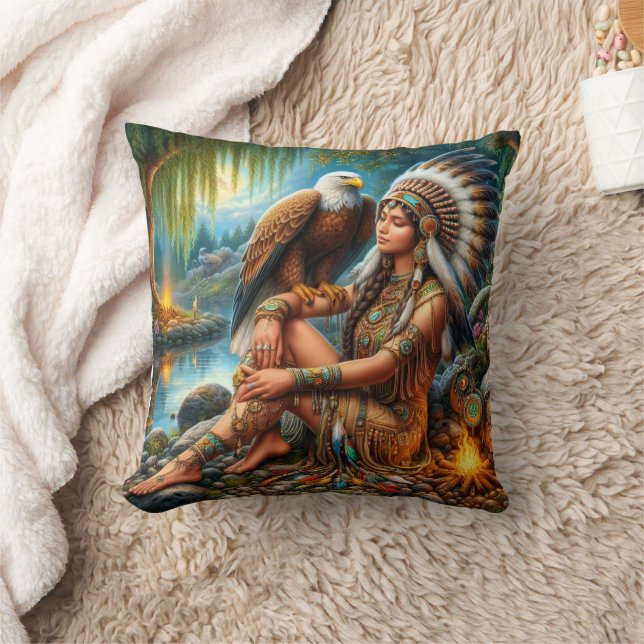 Coussin Femme amérindienne avec aigle par eau douce (Couverture)