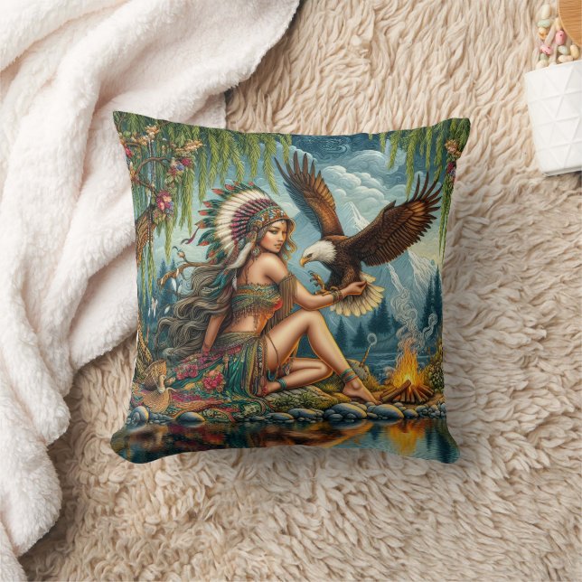 Coussin Femme Amérindienne Avec Aigle Par Tranquil River (Couverture)