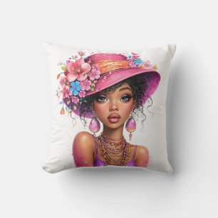 Coussin Femme au chapeau floral élégant Portrait d'art vib