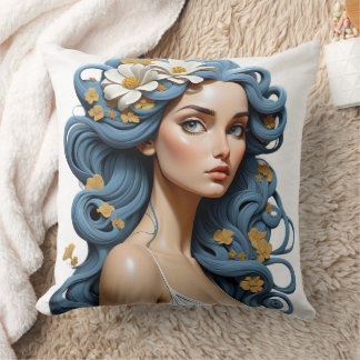 Coussin Femme avec des fleurs dans les cheveux.