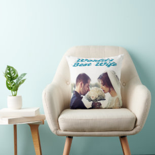 Coussin Femme avec photo texte bleu ciel