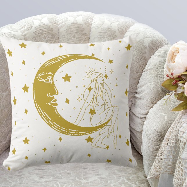 Coussin Femme céleste, lune étoiles, boho, astronomie élég (Créateur téléchargé)