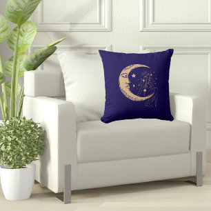 Coussin Femme céleste lune & étoiles, boho, or élégant