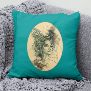 Coussin Femme de fantaisie visage Crâne d'oiseau Ailes Art