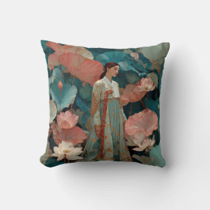 Coussin Femme élégante en hanbok dans un jardin de lotus r