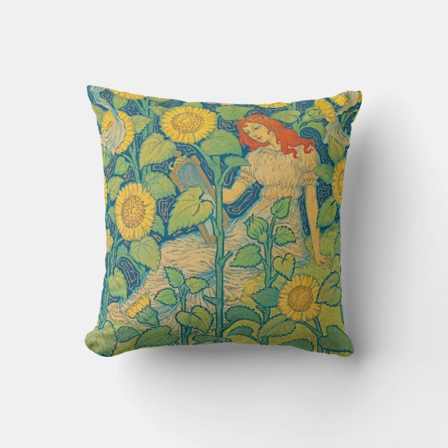 Coussin Femme-fille de fleurs dans le jardin de tournesol (Recto)