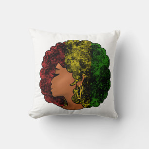 Coussin Femme noire rasta afro rouge jaune vert 