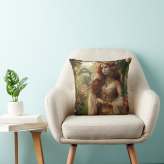 Coussin Femme préraphaélite dorée 2 dans un jardin