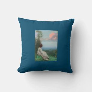 Coussin Femme regardant les nuages portrait bleu lancer or