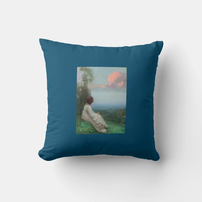 Coussin Femme regardant les nuages portrait bleu lancer or (Recto)