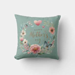 Coussin Fer de fleurs avec un papillon Joyeuse fête des mè