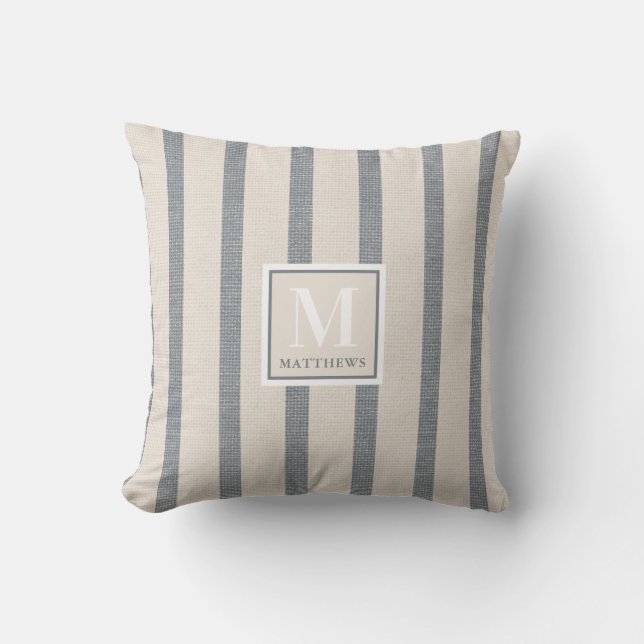Coussin Ferme Beige et Pays Bleu Nom Monogramme (Recto)