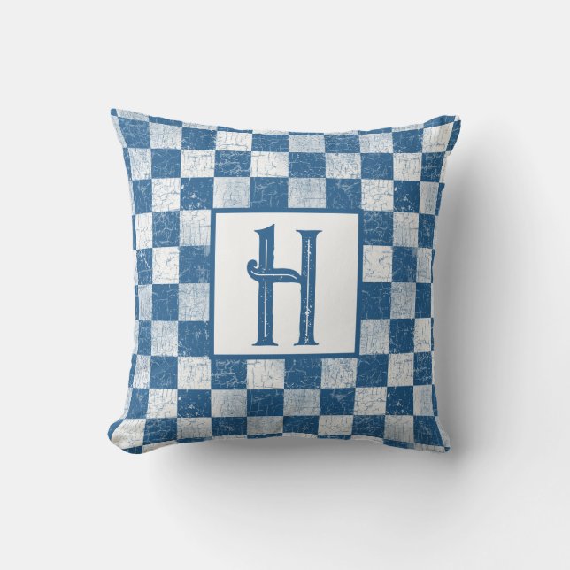 Coussin Ferme Chèques Rustiques, Monogramme, Bleu, Blanc (Recto)