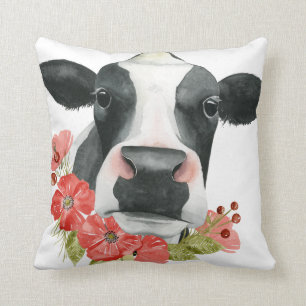 Coussin Ferme de pavot - vache avec des fleurs