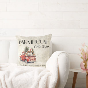 Coussin Ferme Noël Chiens de Camion Rouge Rustique